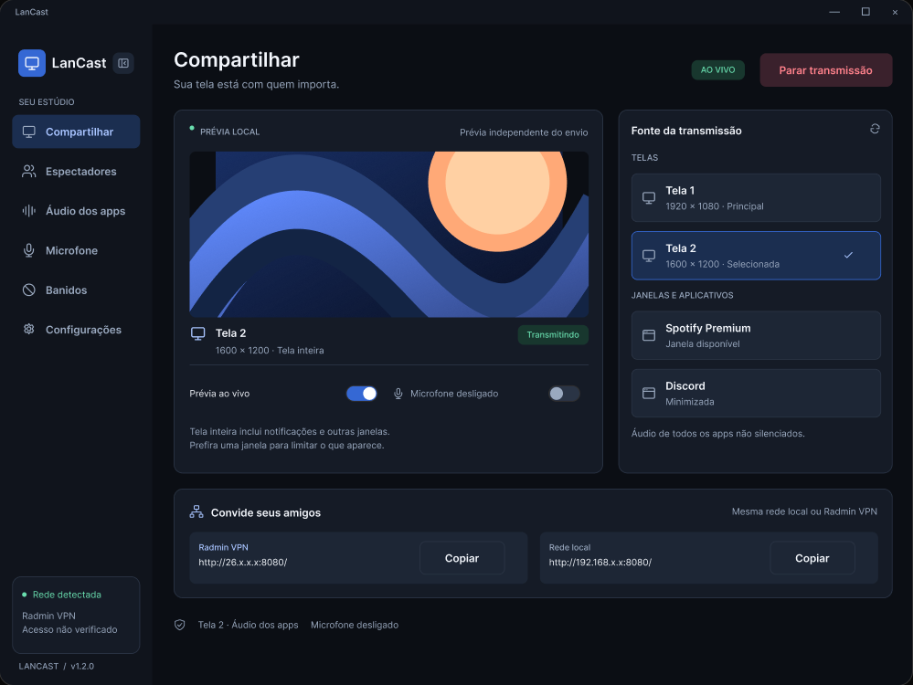 Interface do LanCast no Windows, com prévia da tela ao vivo, seleção de monitor ou janela, controles de áudio e links para compartilhar.